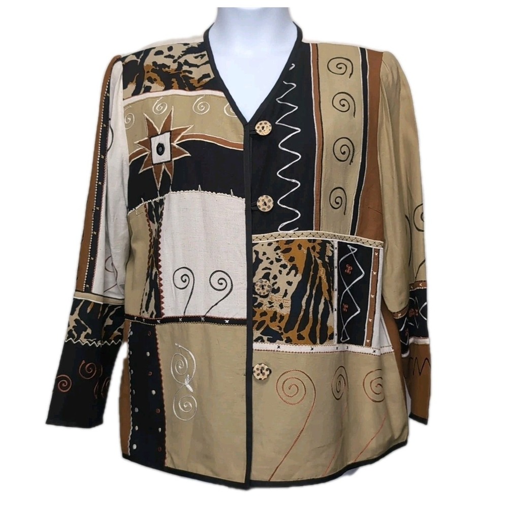 VTG‎ Indigo Moon Patchwork Jacket Womens Size 1X Animal Print Tapestry Brown Tan